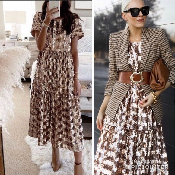 Anthropologie Dresses & Skirts - Maeve Bernadette Sequin Midi tier dress Pink rose